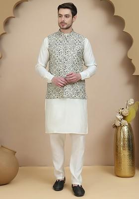 Off White Embroidered Poly Blend Kurta Set For Men