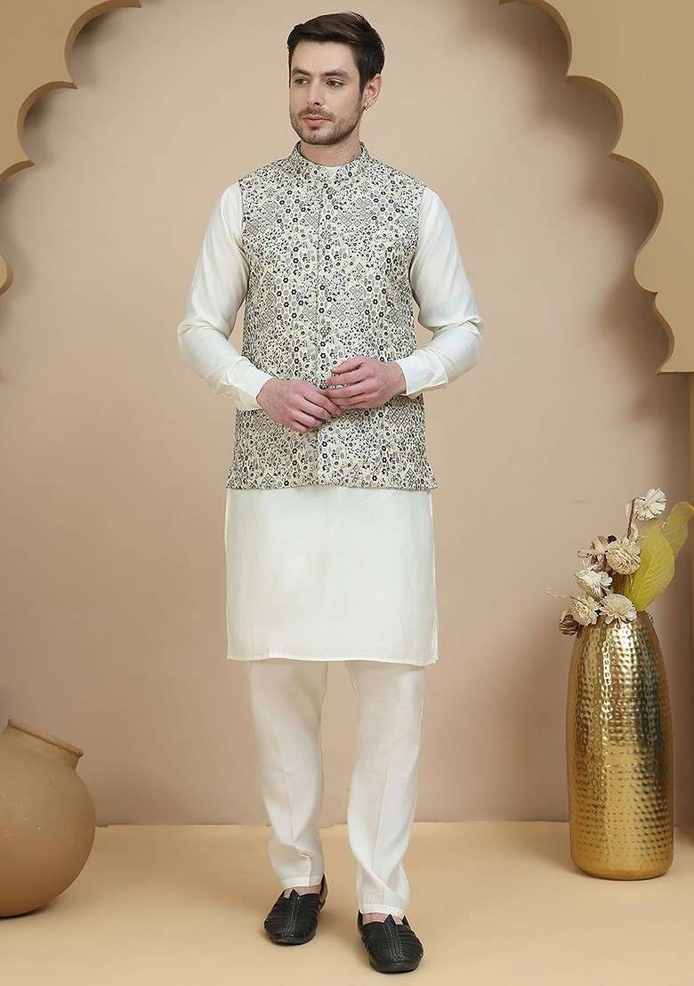 Off White Embroidered Poly Blend Kurta Set For Men - Indya