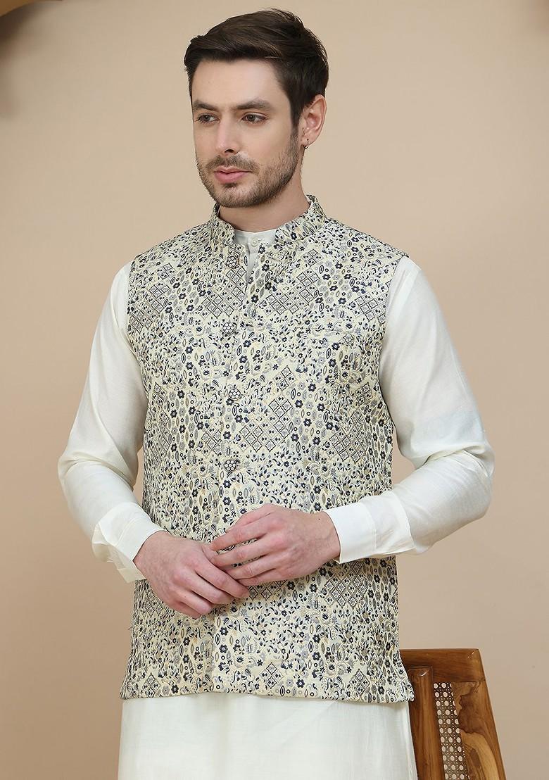 Off White Embroidered Poly Blend Kurta Set For Men