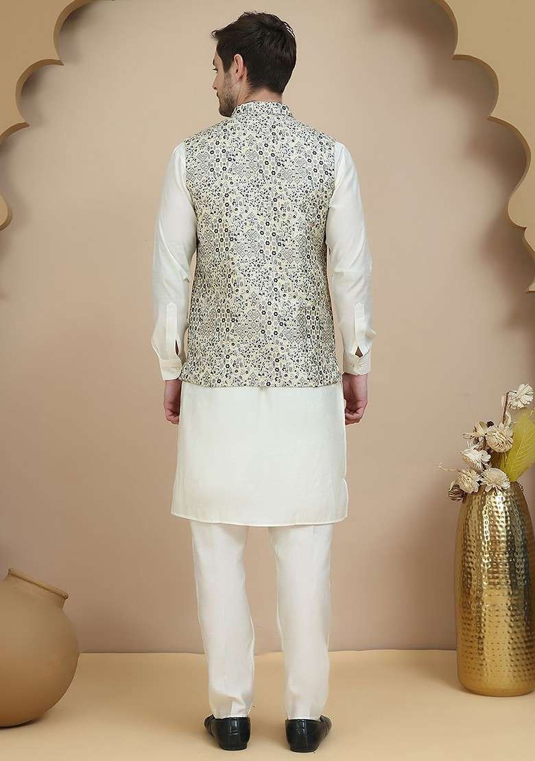 Off White Embroidered Poly Blend Kurta Set For Men - Indya