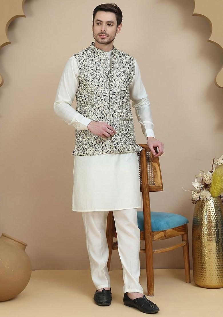 Off White Embroidered Poly Blend Kurta Set For Men