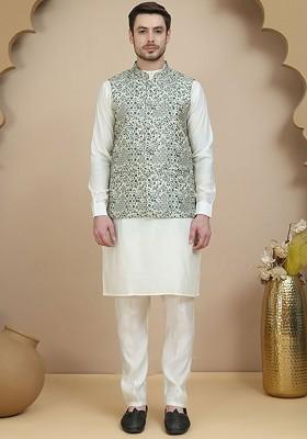 Beige Printed Poly Blend Kurta Set For Men