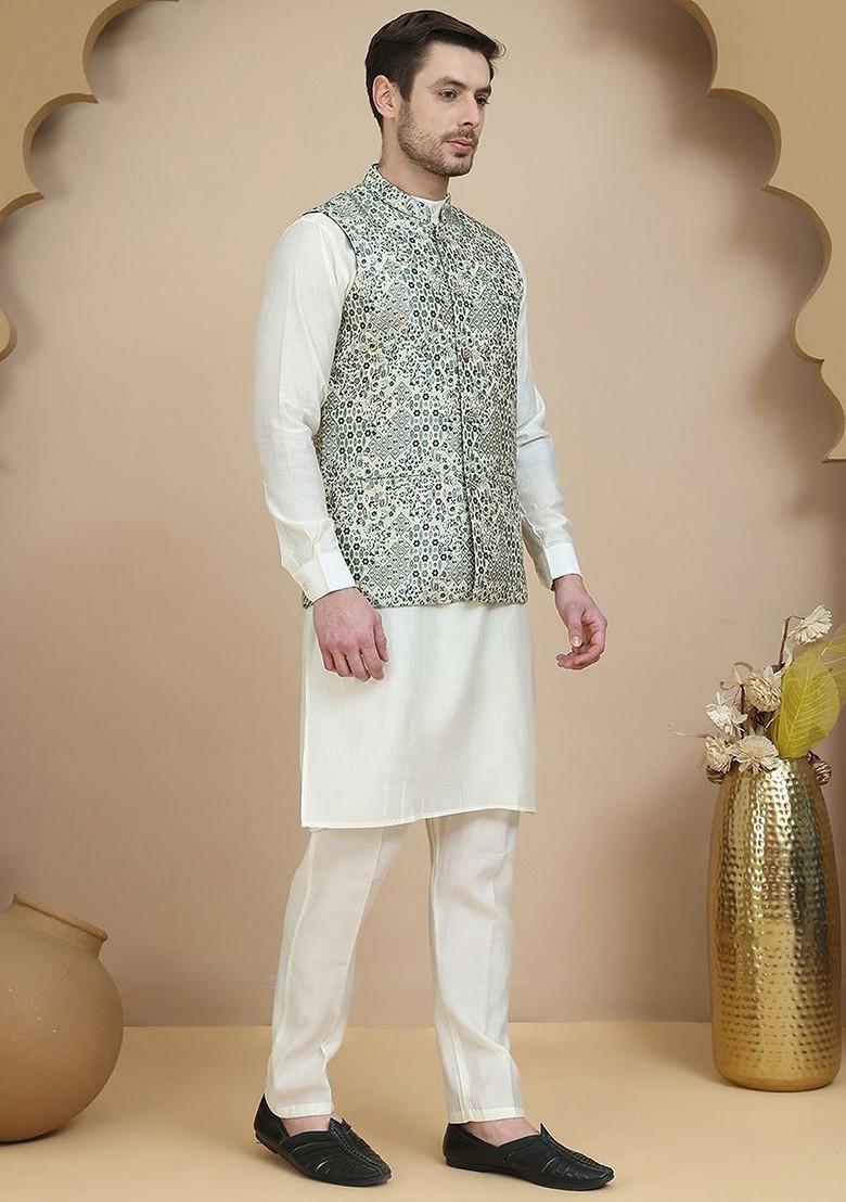 Beige Printed Poly Blend Kurta Set For Men