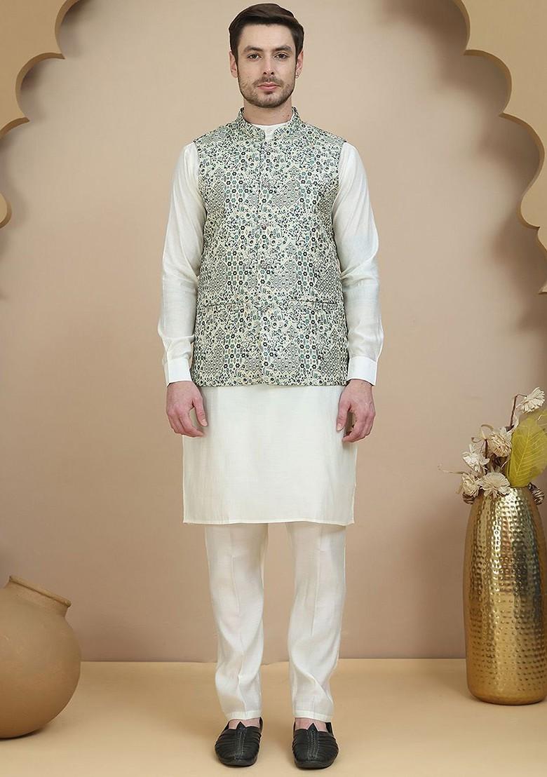 Beige Printed Poly Blend Kurta Set For Men
