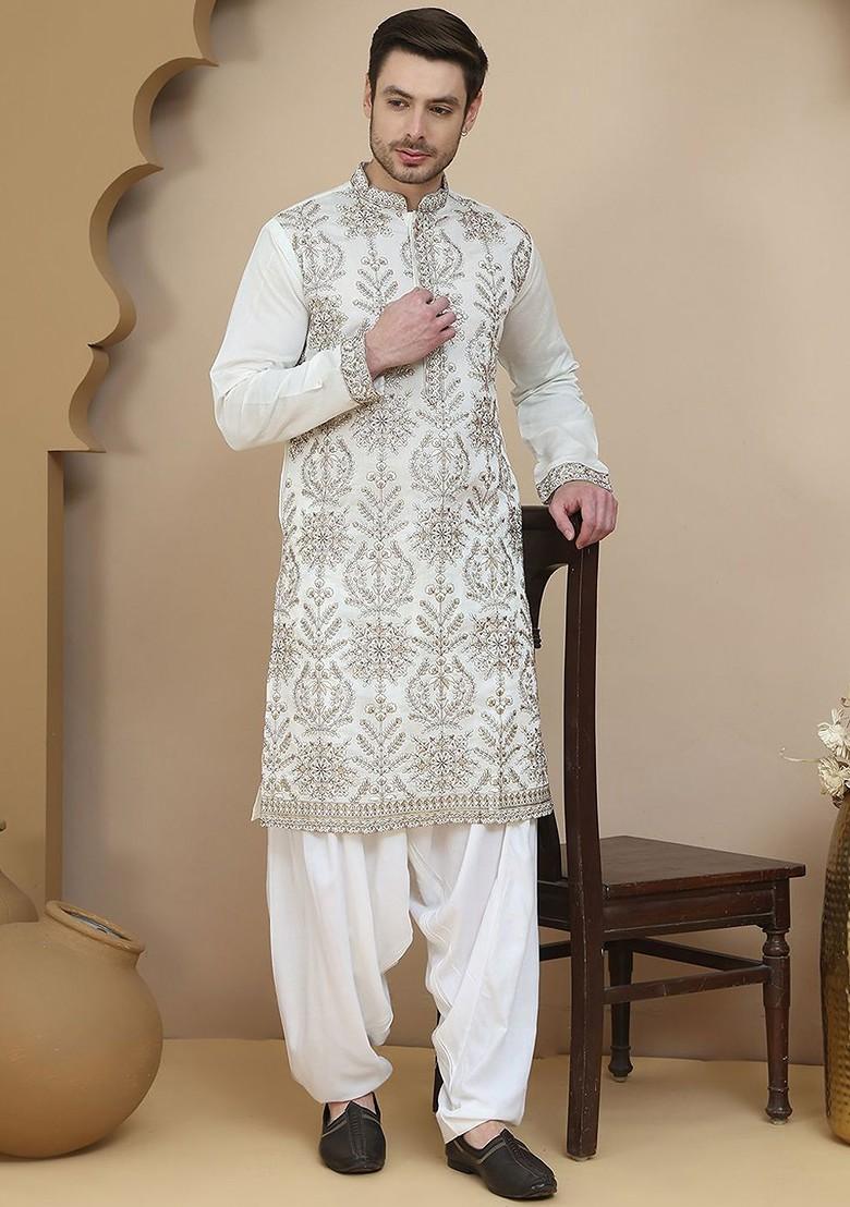 White Embroidered Poly Blend Kurta Set For Men