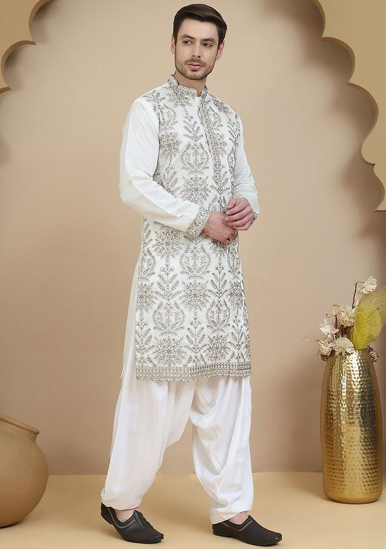 White Embroidered Poly Blend Kurta Set For Men