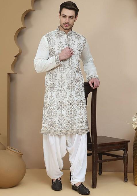 White Embroidered Poly Blend Kurta Set For Men