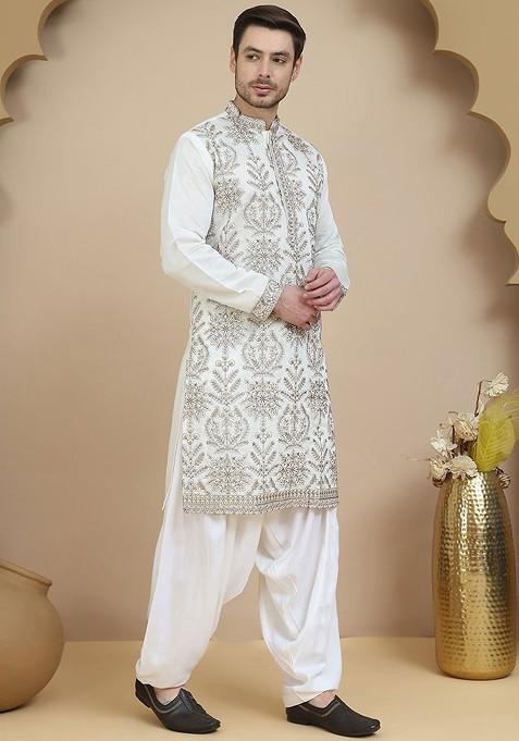 White Embroidered Poly Blend Kurta Set For Men
