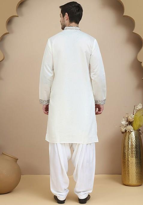 White Embroidered Poly Blend Kurta Set For Men