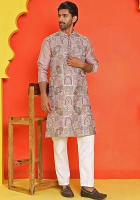 Peach Embroidered Poly Blend Kurta Set For Men