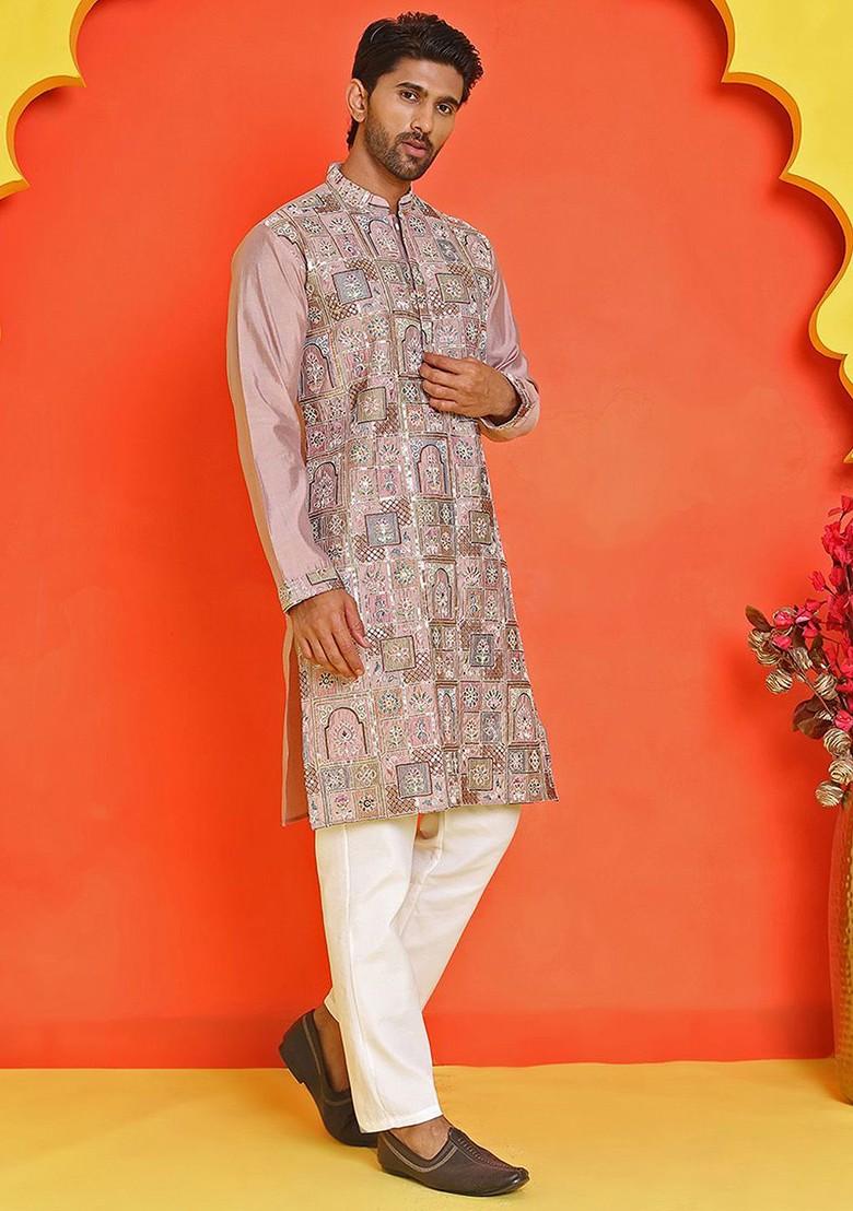 Peach Embroidered Poly Blend Kurta Set For Men