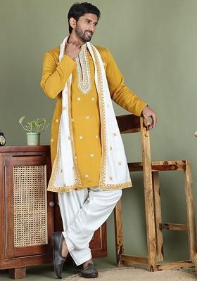 Mustard Yellow Printed Poly Blend Kurta Set For Men