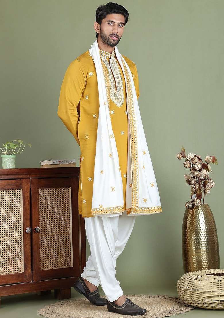 Mustard Yellow Printed Poly Blend Kurta Set For Men - Indya