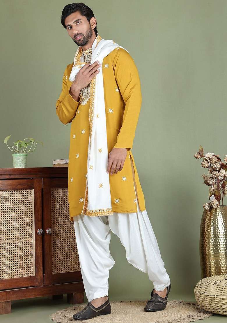 Mustard Yellow Printed Poly Blend Kurta Set For Men - Indya