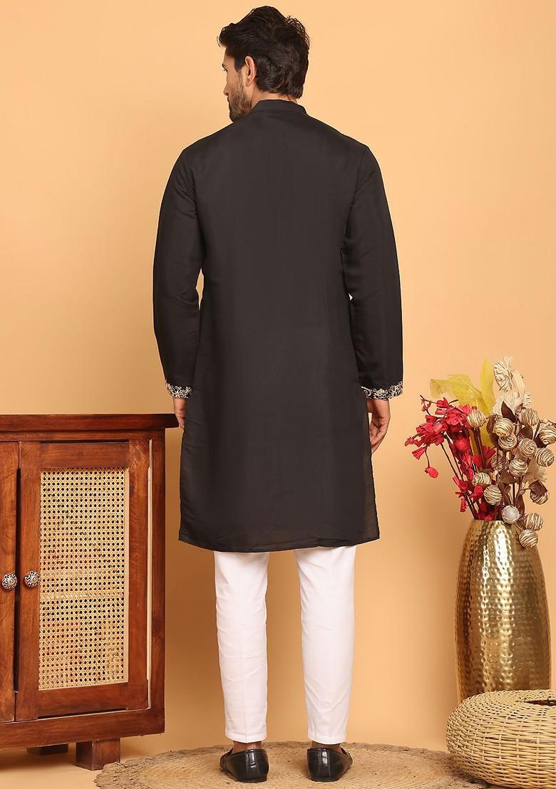 Black Embroidered Poly Blend Kurta Set For Men