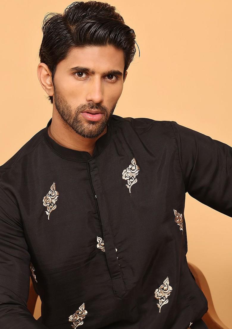 Black Embroidered Poly Blend Kurta Set For Men