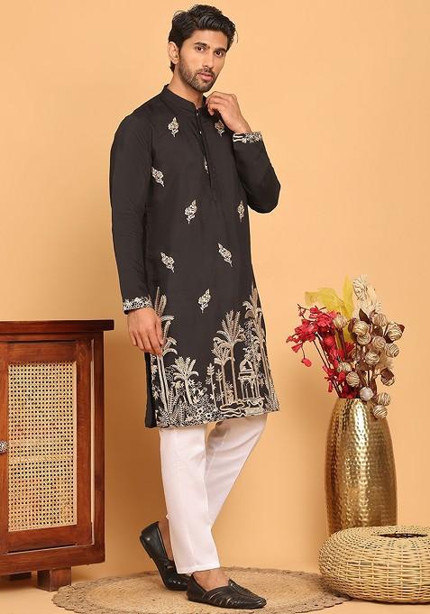 Black Embroidered Poly Blend Kurta Set For Men