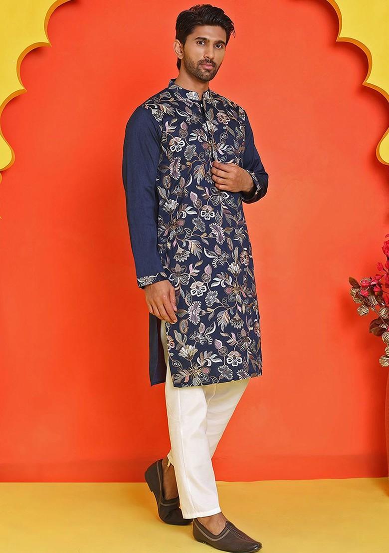 Navy Blue Embroidered Poly Blend Kurta Set For Men