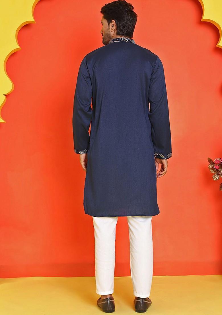 Navy Blue Embroidered Poly Blend Kurta Set For Men
