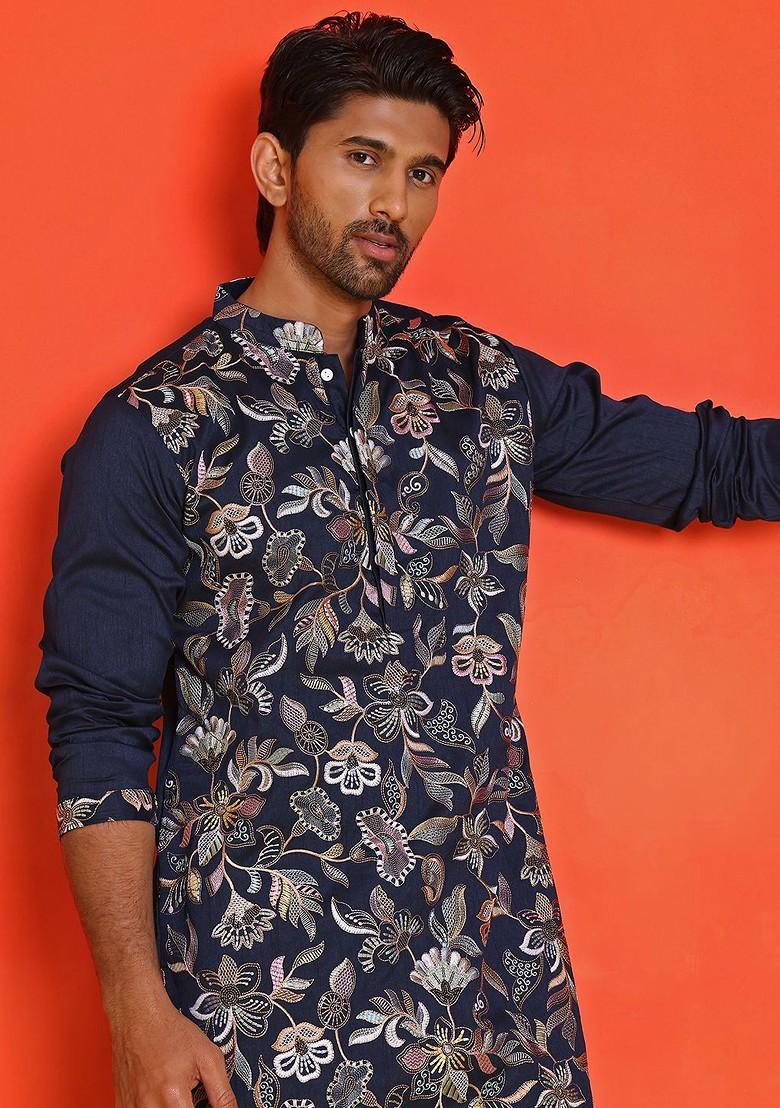 Navy Blue Embroidered Poly Blend Kurta Set For Men