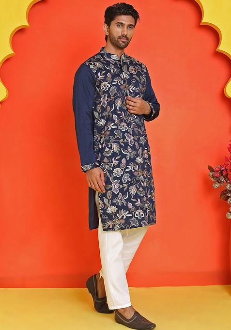 Navy Blue Embroidered Poly Blend Kurta Set For Men