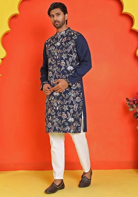Navy Blue Embroidered Poly Blend Kurta Set For Men