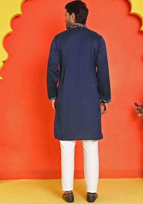 Navy Blue Embroidered Poly Blend Kurta Set For Men