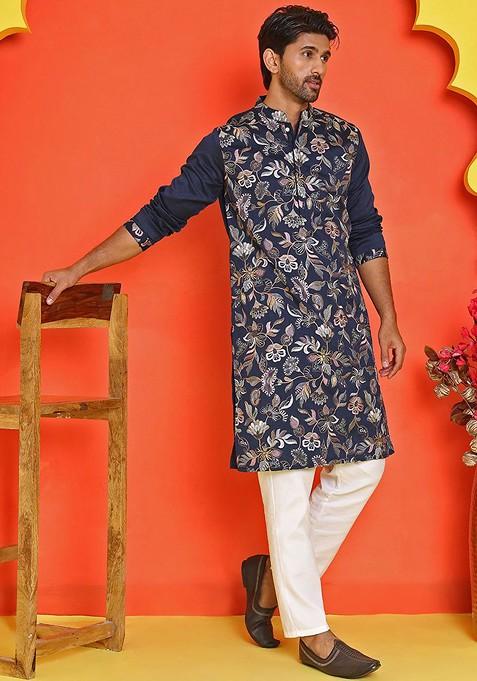 Navy Blue Embroidered Poly Blend Kurta Set For Men