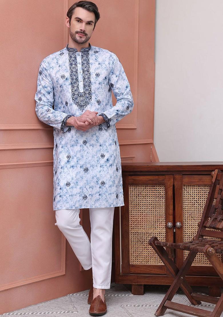 Blue Printed Poly Blend Kurta Set For Men