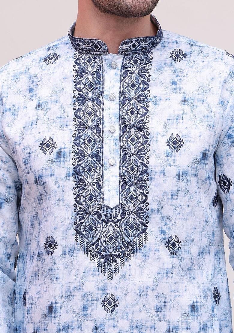 Blue Printed Poly Blend Kurta Set For Men
