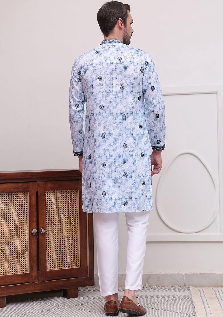 Blue Printed Poly Blend Kurta Set For Men