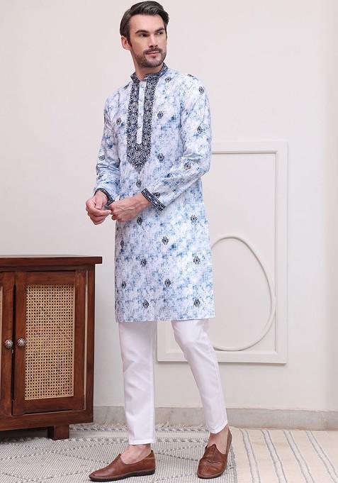 Blue Printed Poly Blend Kurta Set For Men