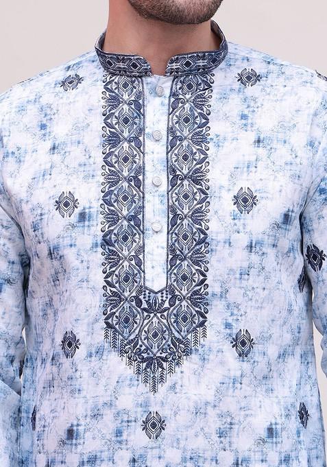 Blue Printed Poly Blend Kurta Set For Men