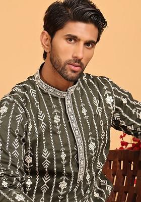 Olive Embroidered Poly Blend Kurta Set For Men
