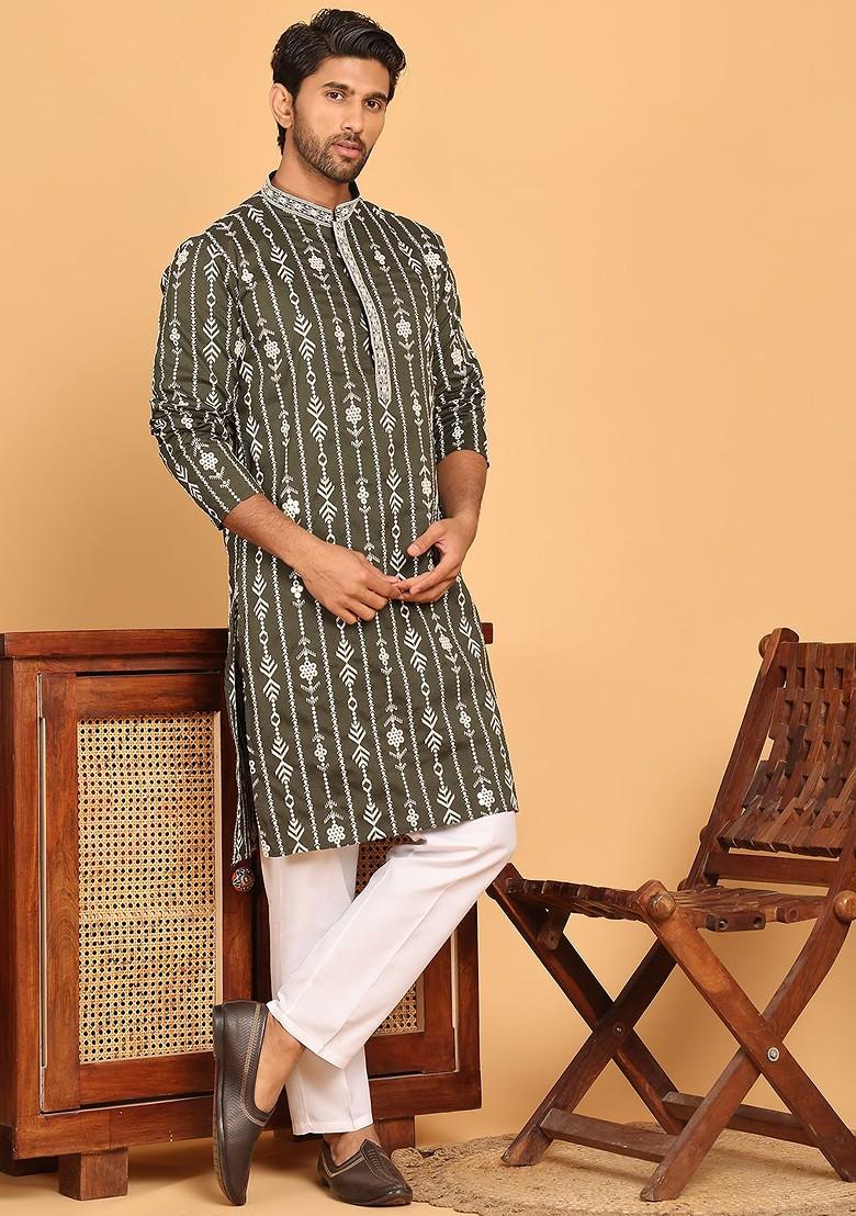 Olive Embroidered Poly Blend Kurta Set For Men