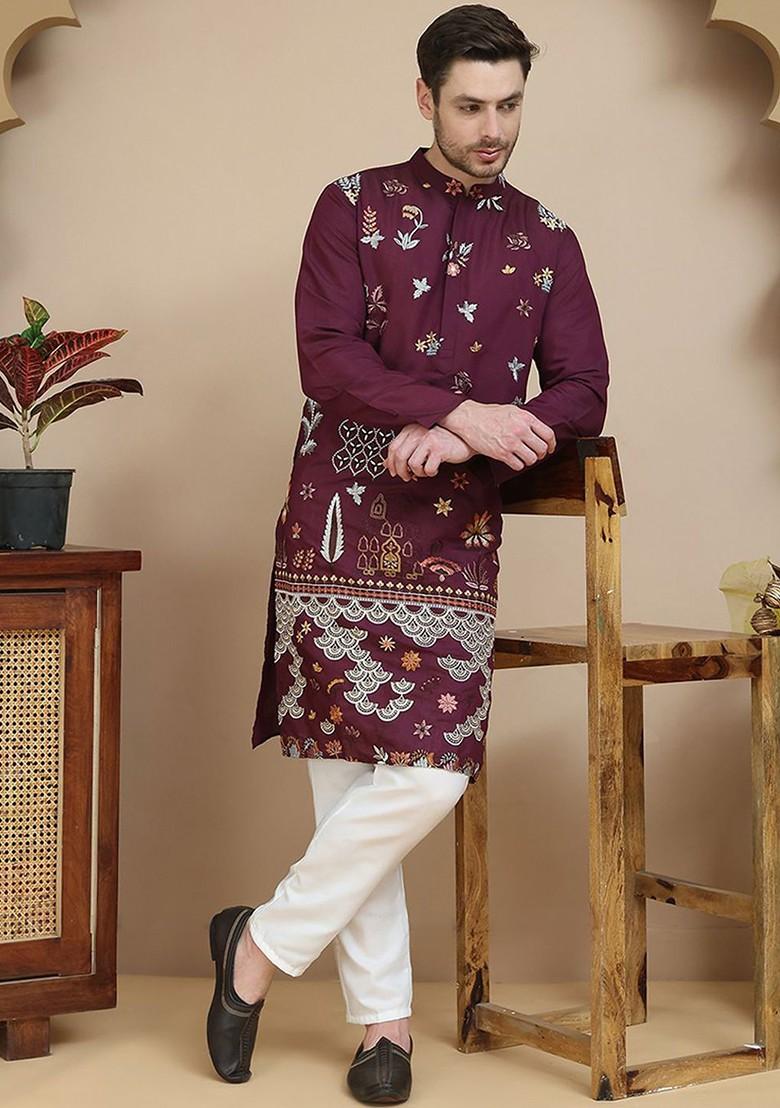 Maroon Embroidered Poly Blend Kurta Set For Men