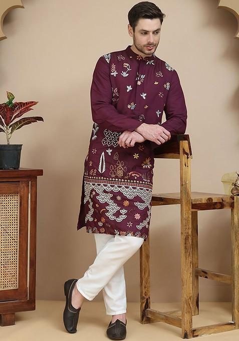 Maroon Embroidered Poly Blend Kurta Set For Men