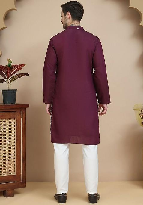 Maroon Embroidered Poly Blend Kurta Set For Men