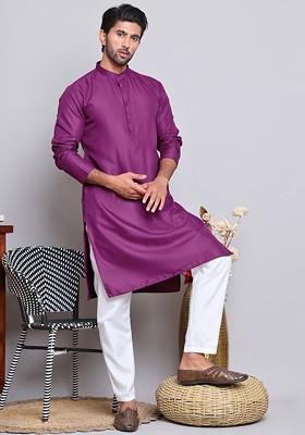 Purple Embroidered Poly Blend Kurta Set For Men