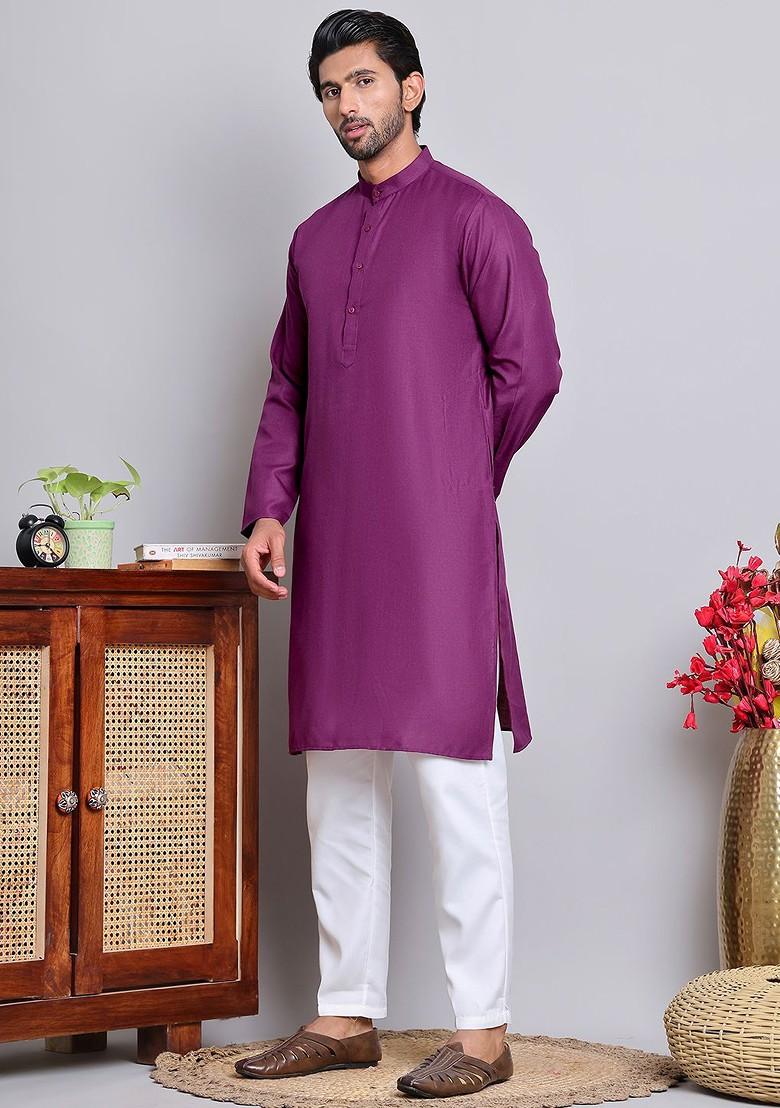 Purple Embroidered Poly Blend Kurta Set For Men