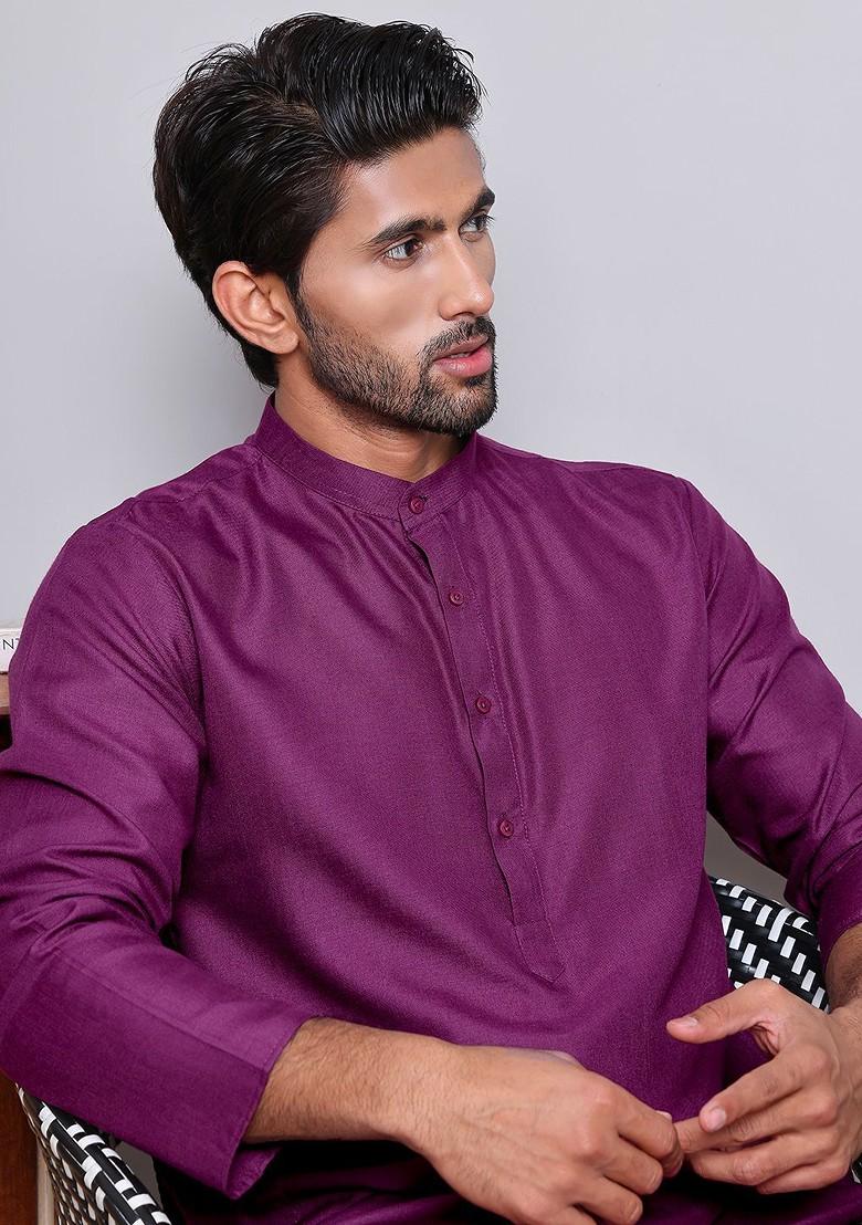 Purple Embroidered Poly Blend Kurta Set For Men
