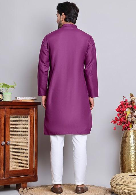 Purple Embroidered Poly Blend Kurta Set For Men