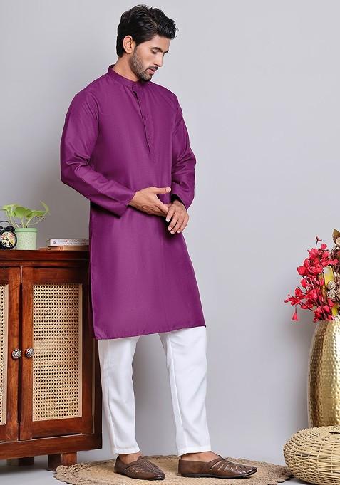 Purple Embroidered Poly Blend Kurta Set For Men