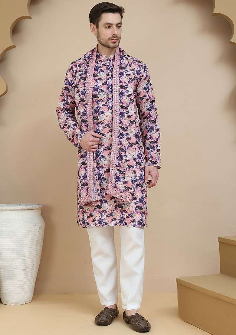Purple Printed Poly Blend Kurta Set For Men - Indya