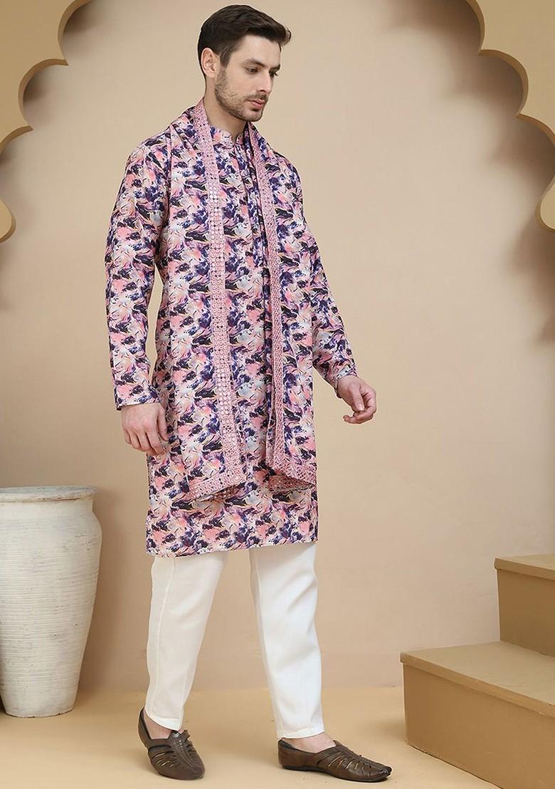 Purple Printed Poly Blend Kurta Set For Men