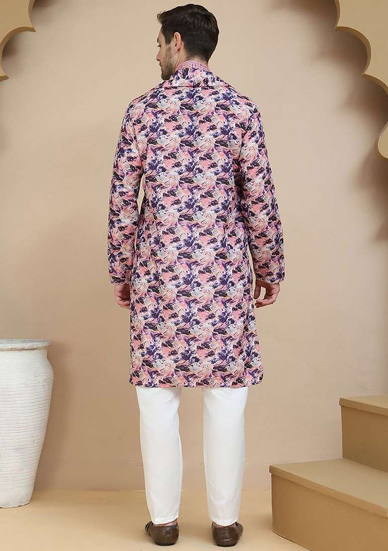 Purple Printed Poly Blend Kurta Set For Men - Indya