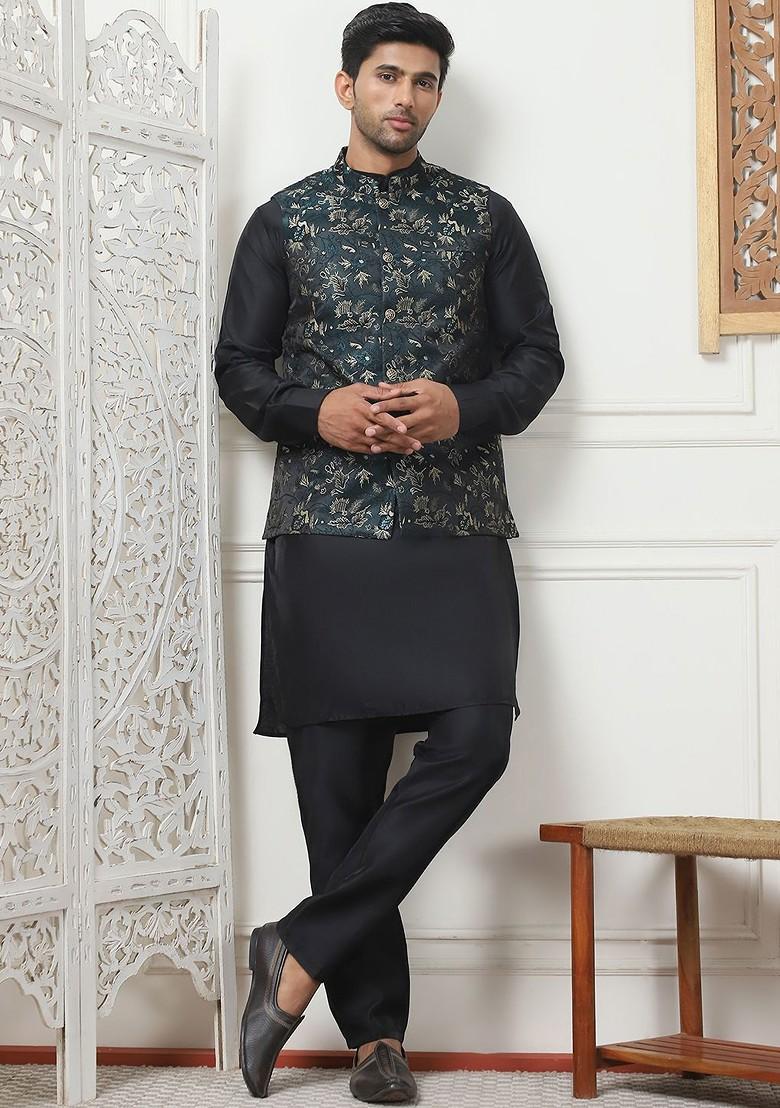 Teal Blue Embroidered Poly Blend Kurta Set For Men