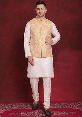 Gold Woven Design Poly Blend Kurta Set For Men
