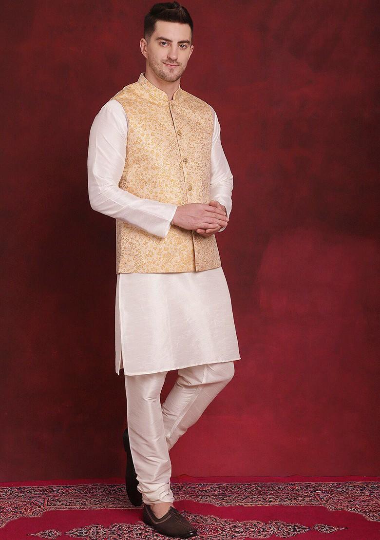 Gold Woven Design Poly Blend Kurta Set For Men
