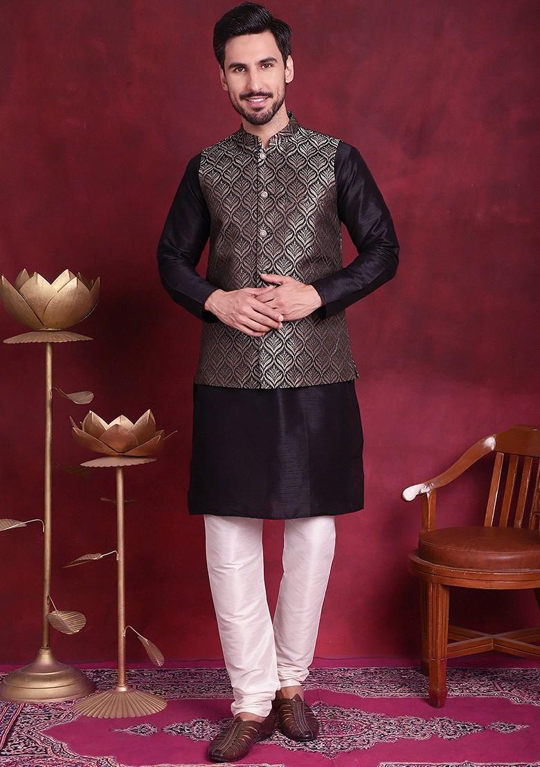 Black Woven Design Poly Blend Kurta Set For Men